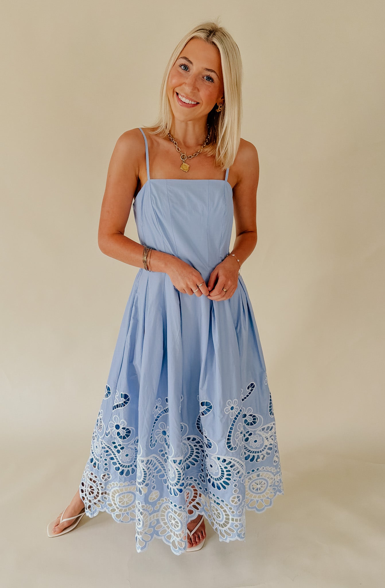 CAUGHT IN THE BREEZE EYELET MIDI DRESS