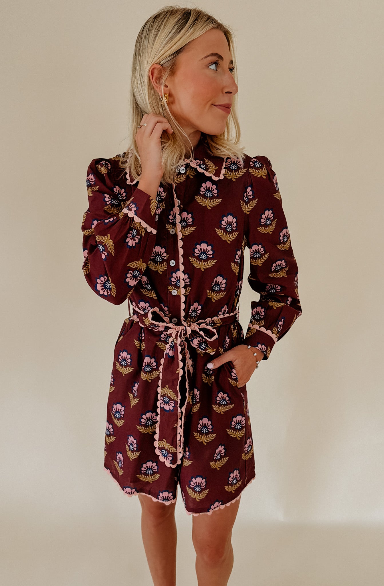 FALL LEAVES BELTED MINI DRESS