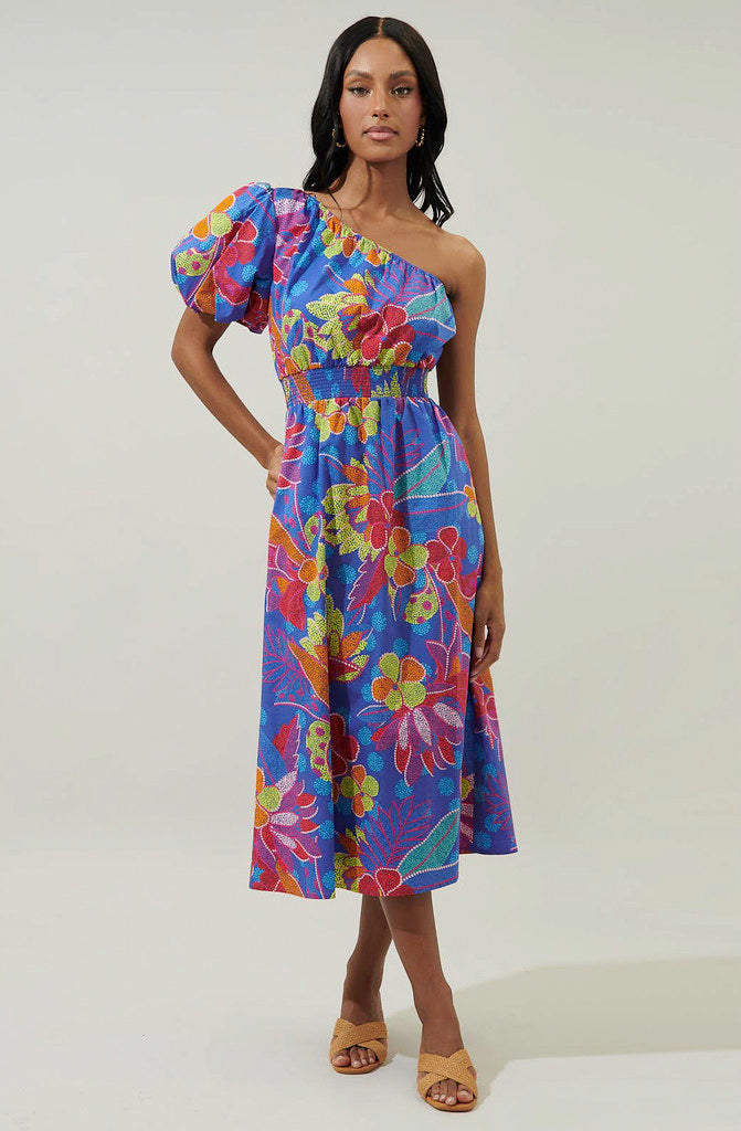 THE BRIDGETTE ONE SHOULDER MIDI DRESS