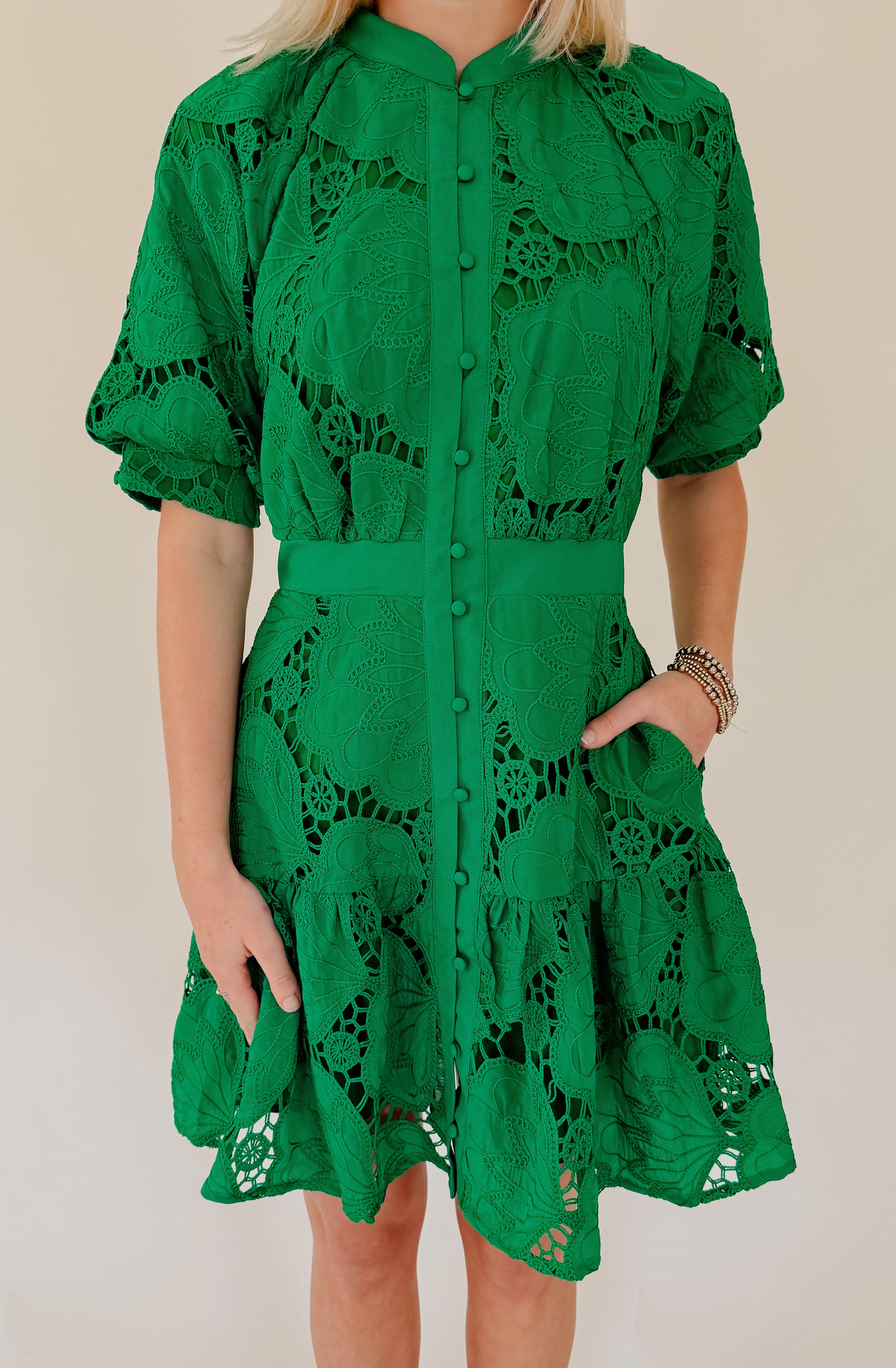 CIEBON GREEN WITH ENVY EMBROIDERED MINI DRESS