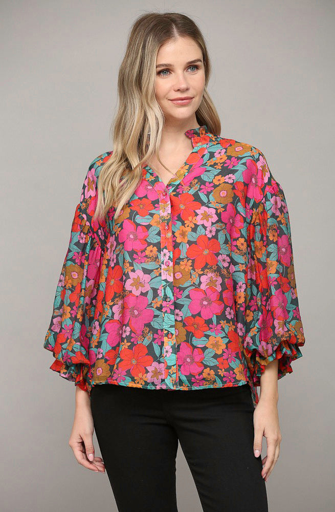 MIXED FLORALS BUTTONED BLOUSE