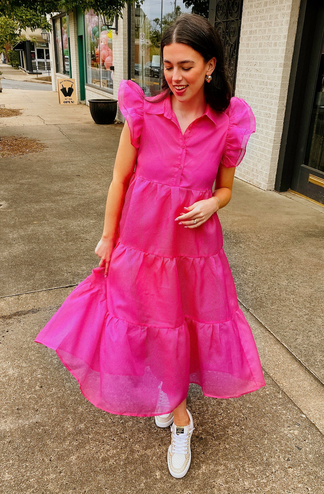 SHES GIVING TIERED MIDI DRESS