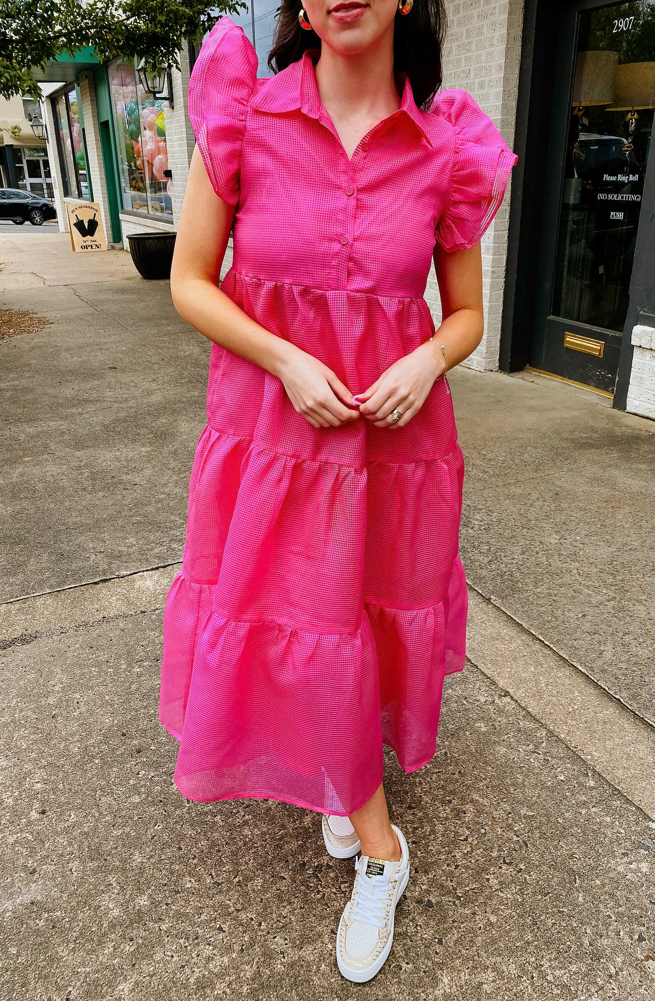 SHES GIVING TIERED MIDI DRESS