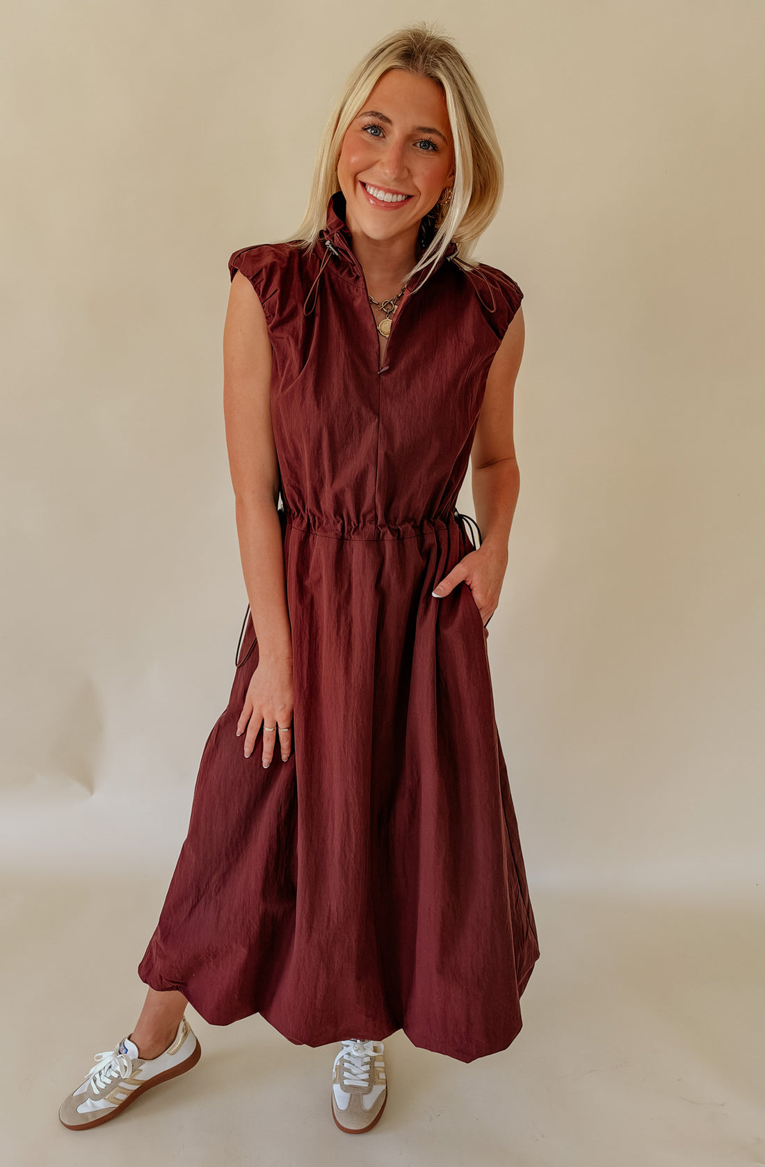 WELL TRAVELED ADJUSTABLE WAIST MIDI DRESS