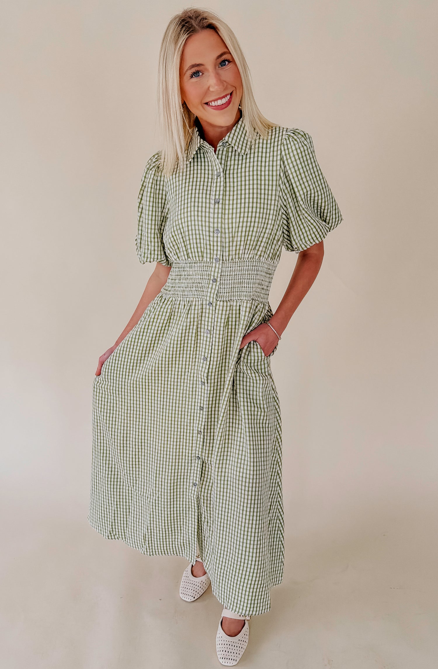 green plaid midi dress Entro Green Plaid Flutter Sleeve Midi Dress