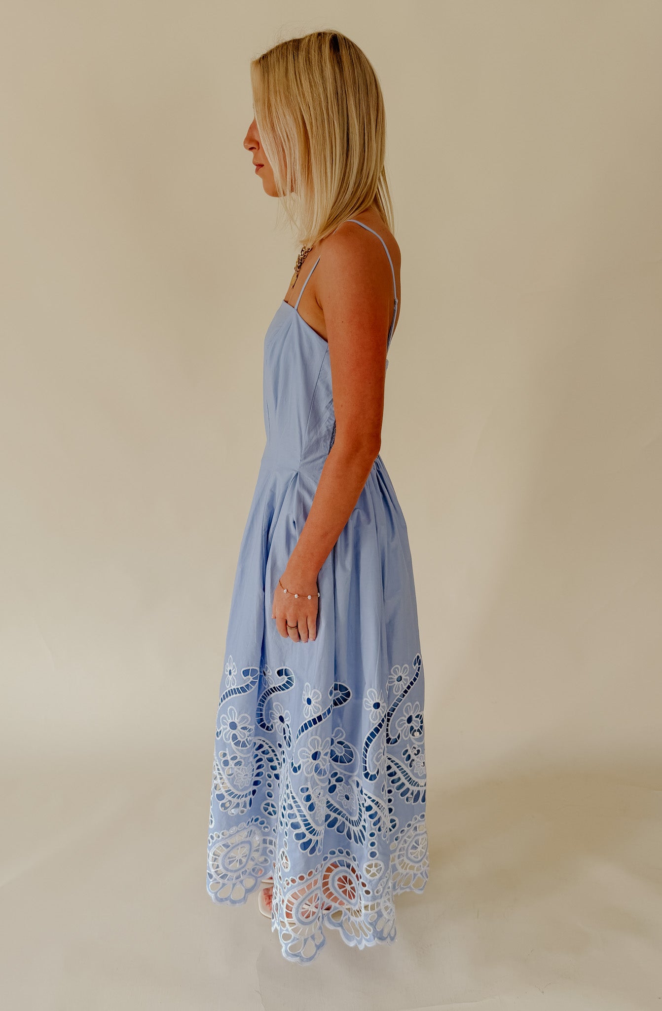 CAUGHT IN THE BREEZE EYELET MIDI DRESS