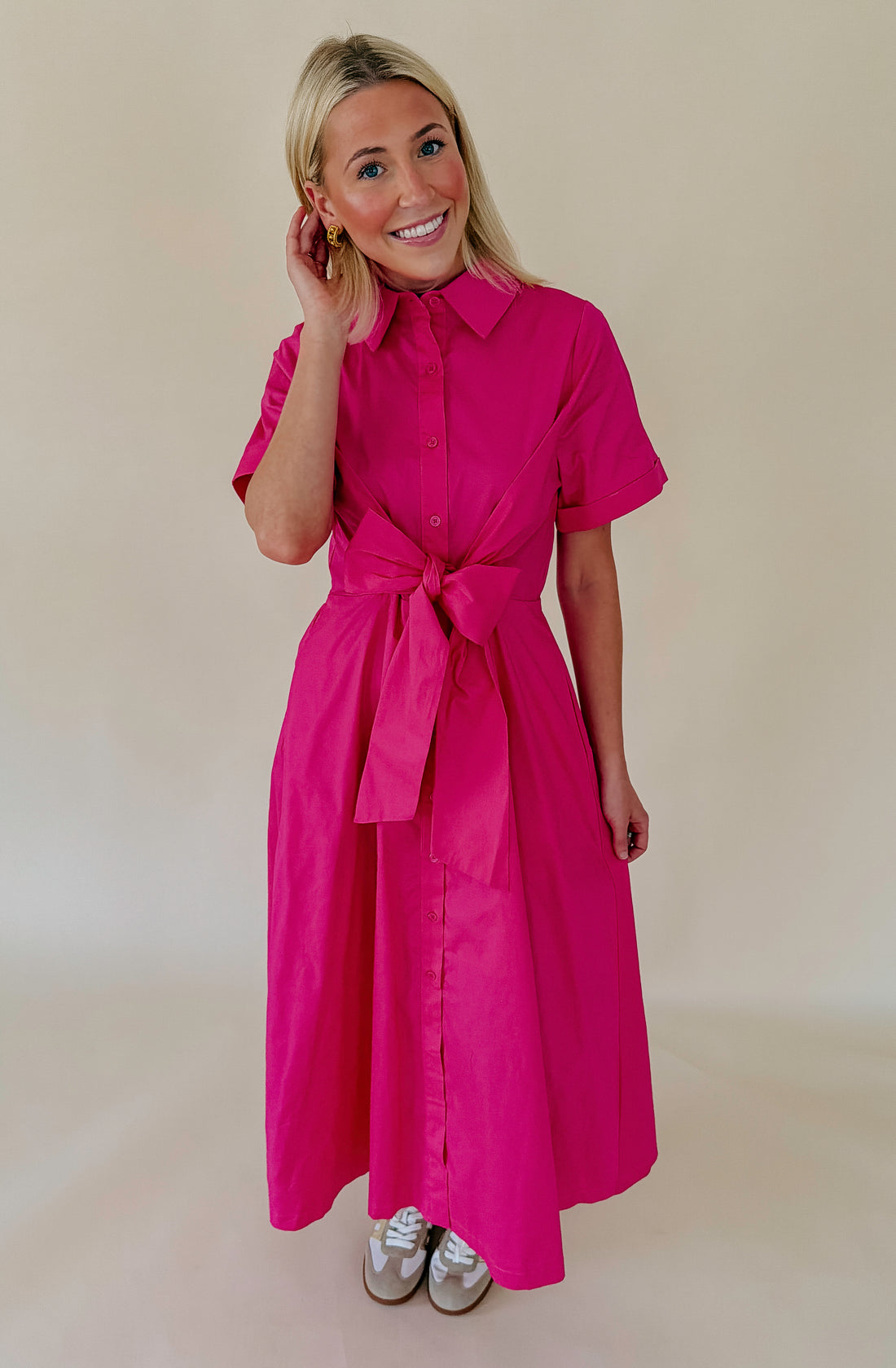 THE ESSENTIAL POPLIN BLEND TIE WAIST MIDI DRESS