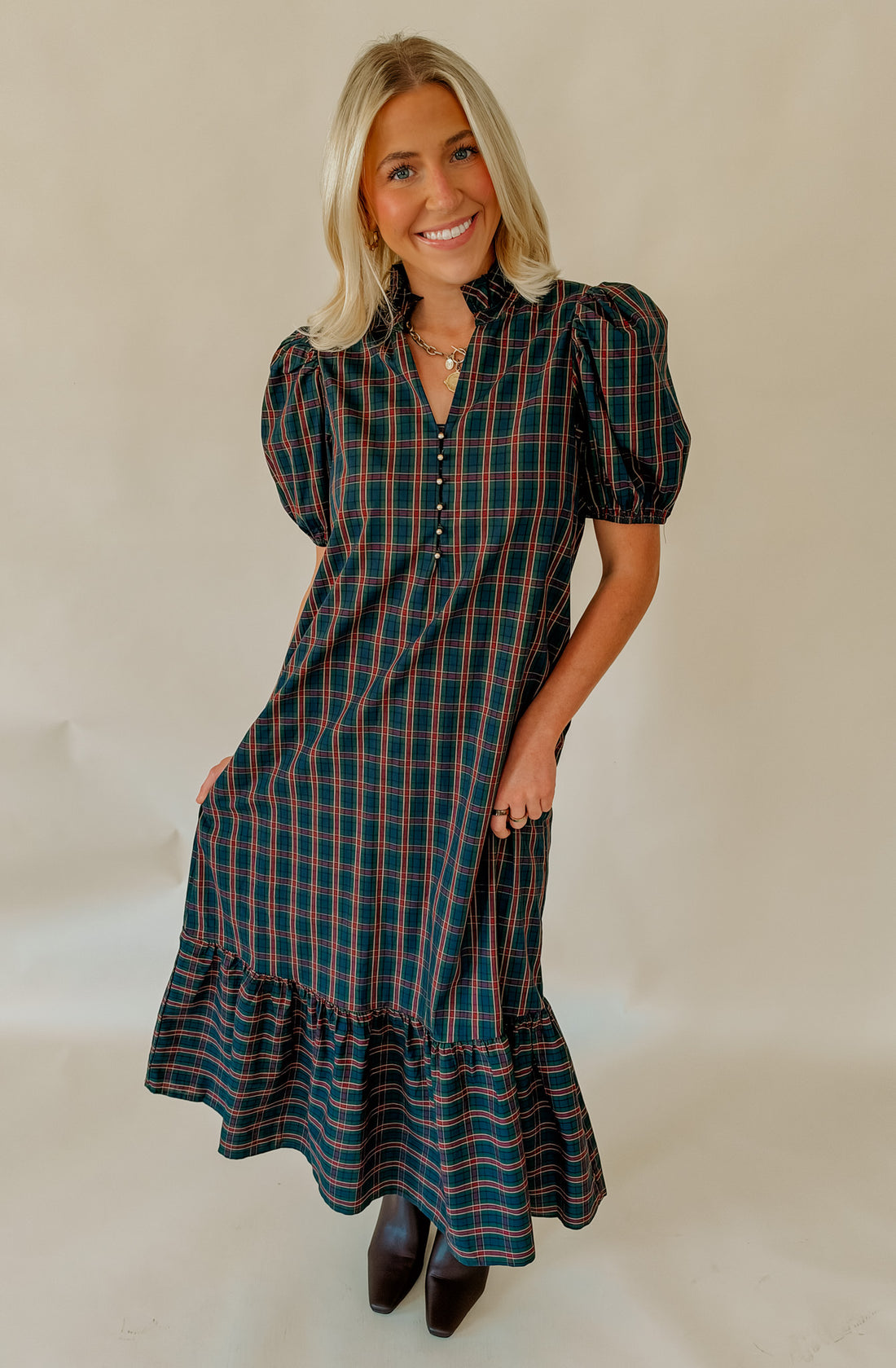 PLAID TO MEET YOU GINGHAM MIDI DRESS