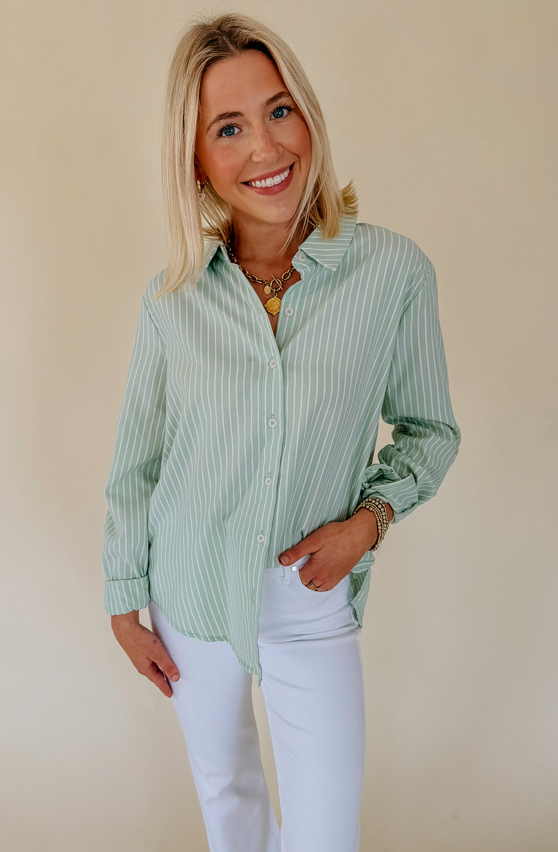 EARNED IT STRIPED BUTTON UP