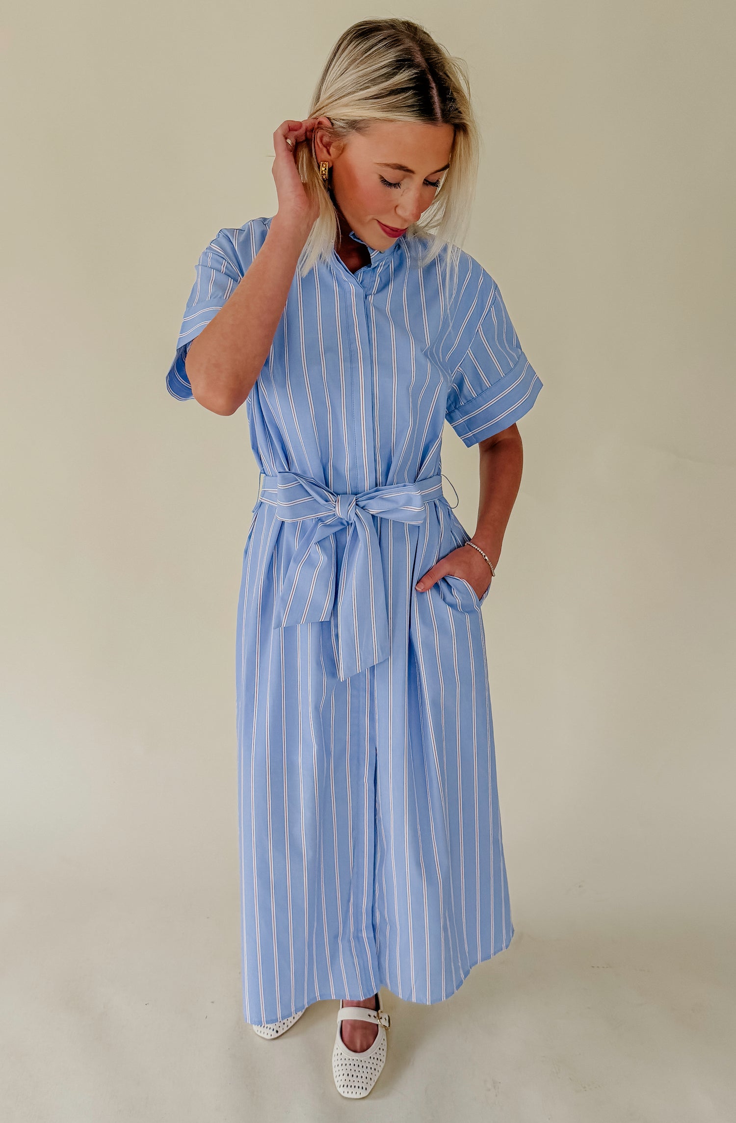 blue poplin midi dress Balloon Half Sleeve Poplin Midi Dress W/Pockets