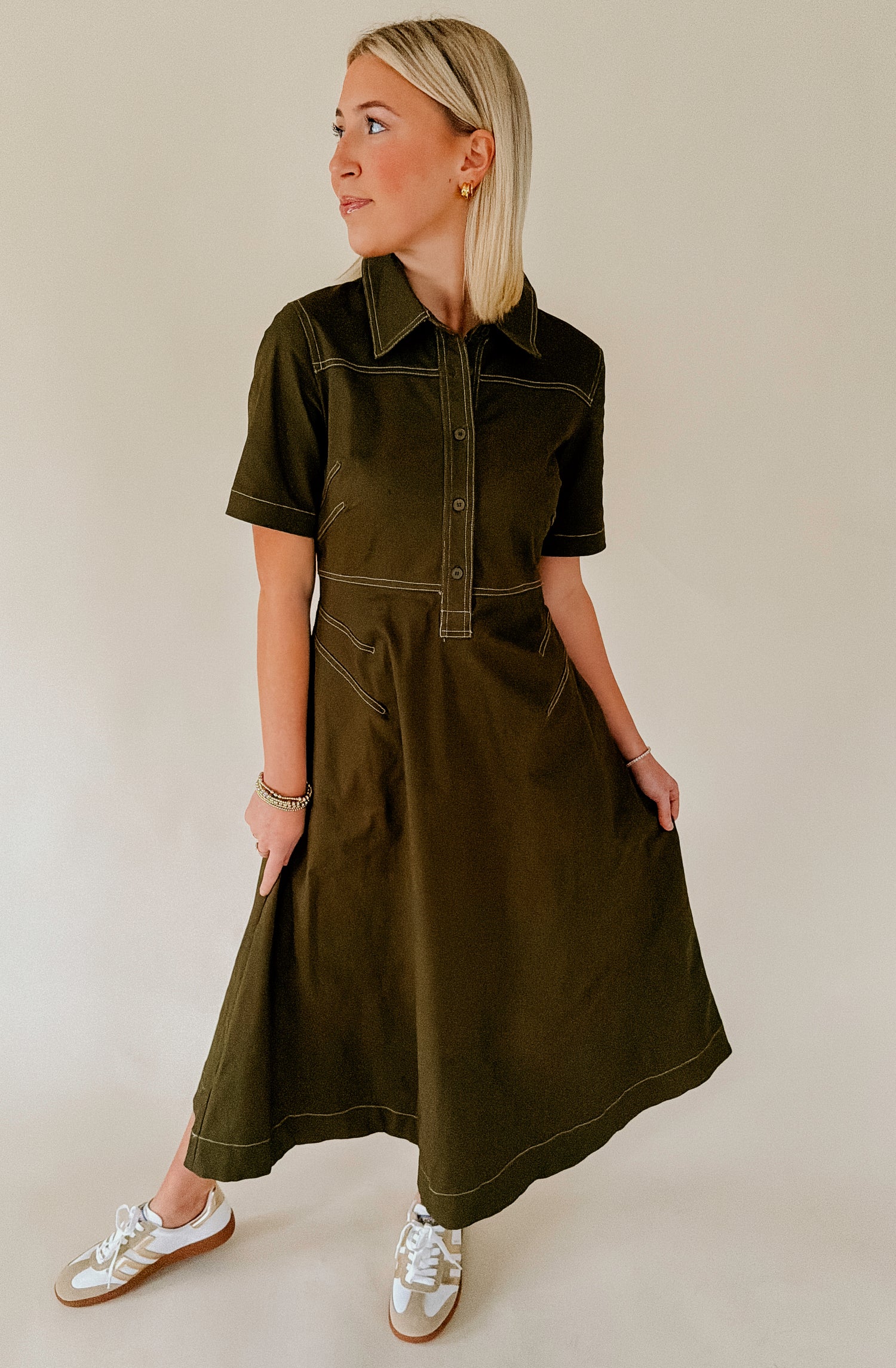 GREEN WITH ENVY STRUCTURED MIDI DRESS