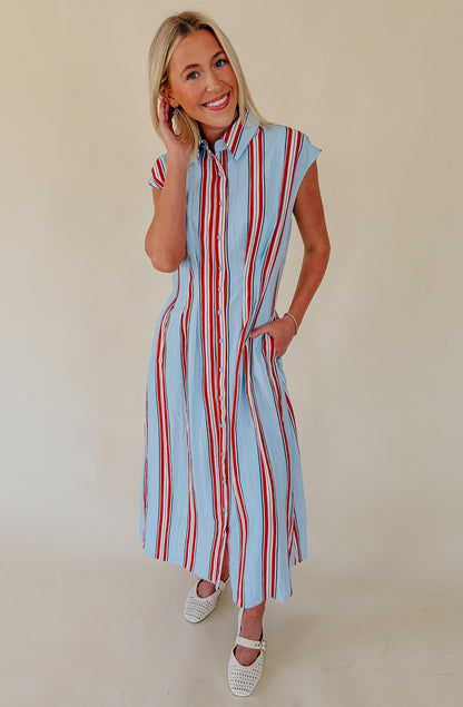 MISS AMERICANA STRIPED MIDI DRESS