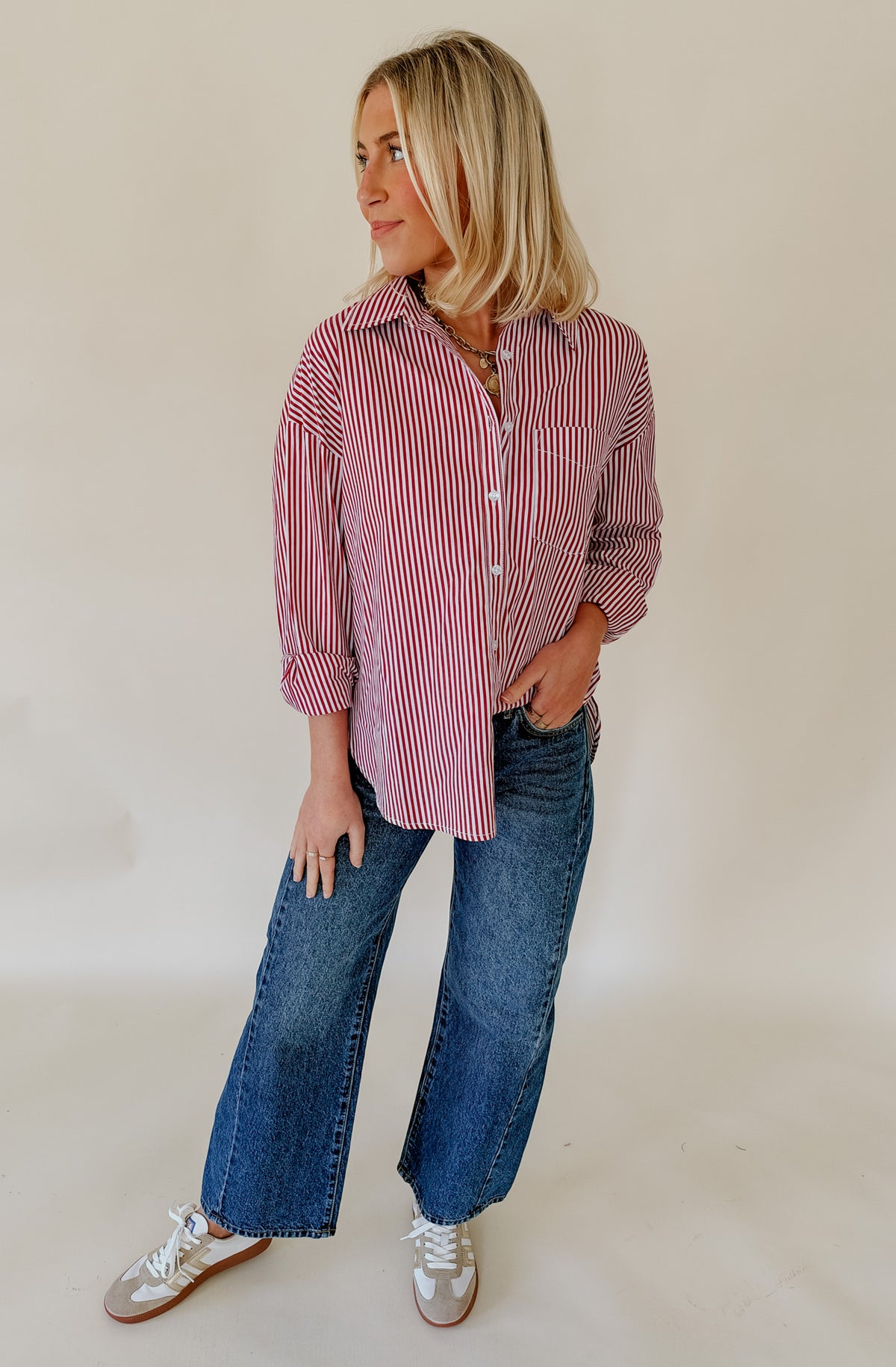 TIME AND TIME AGAIN STRIPED POPLIN BLEND BUTTON DOWN