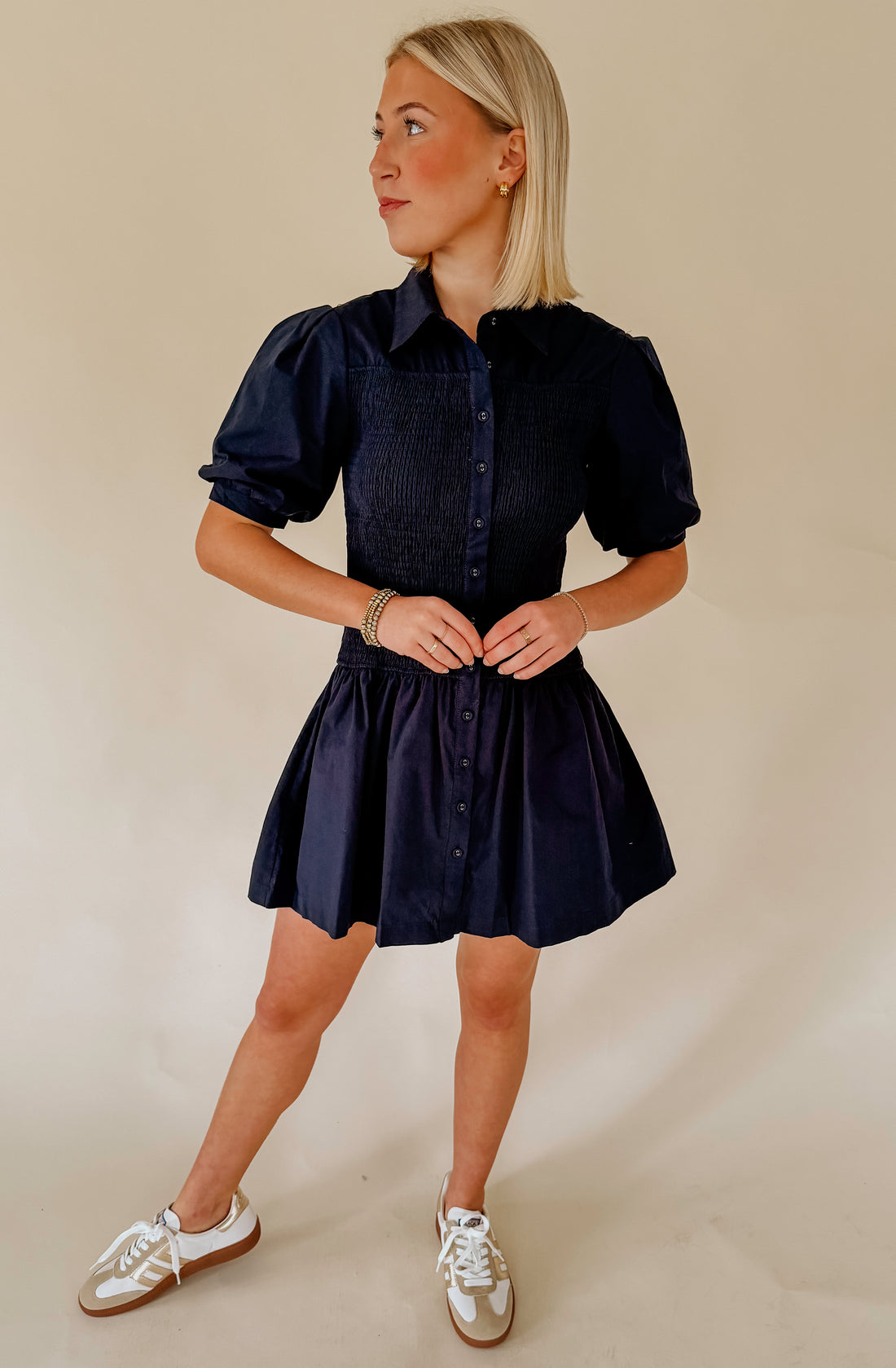NIGHT HOUR SMOCKED MINI DRESS
