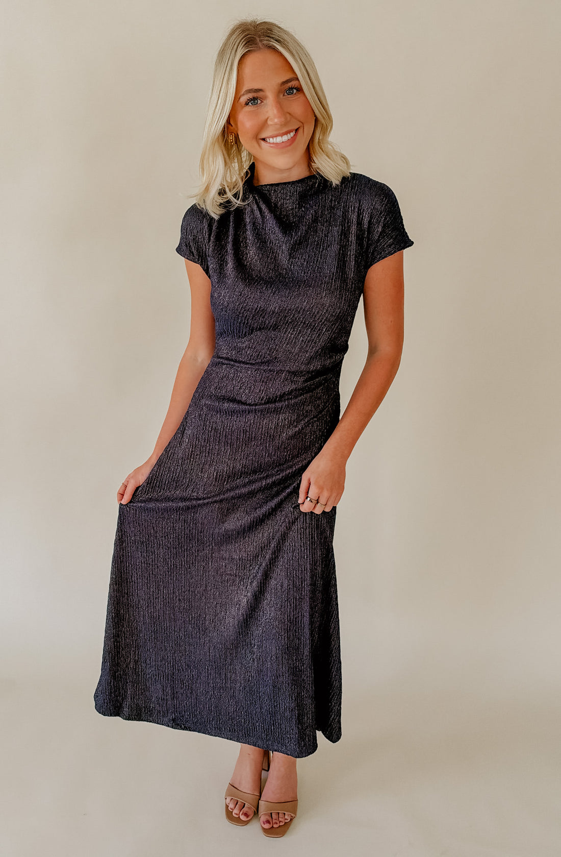 MIDNIGHT HOUR RUCHED MIDI DRESS