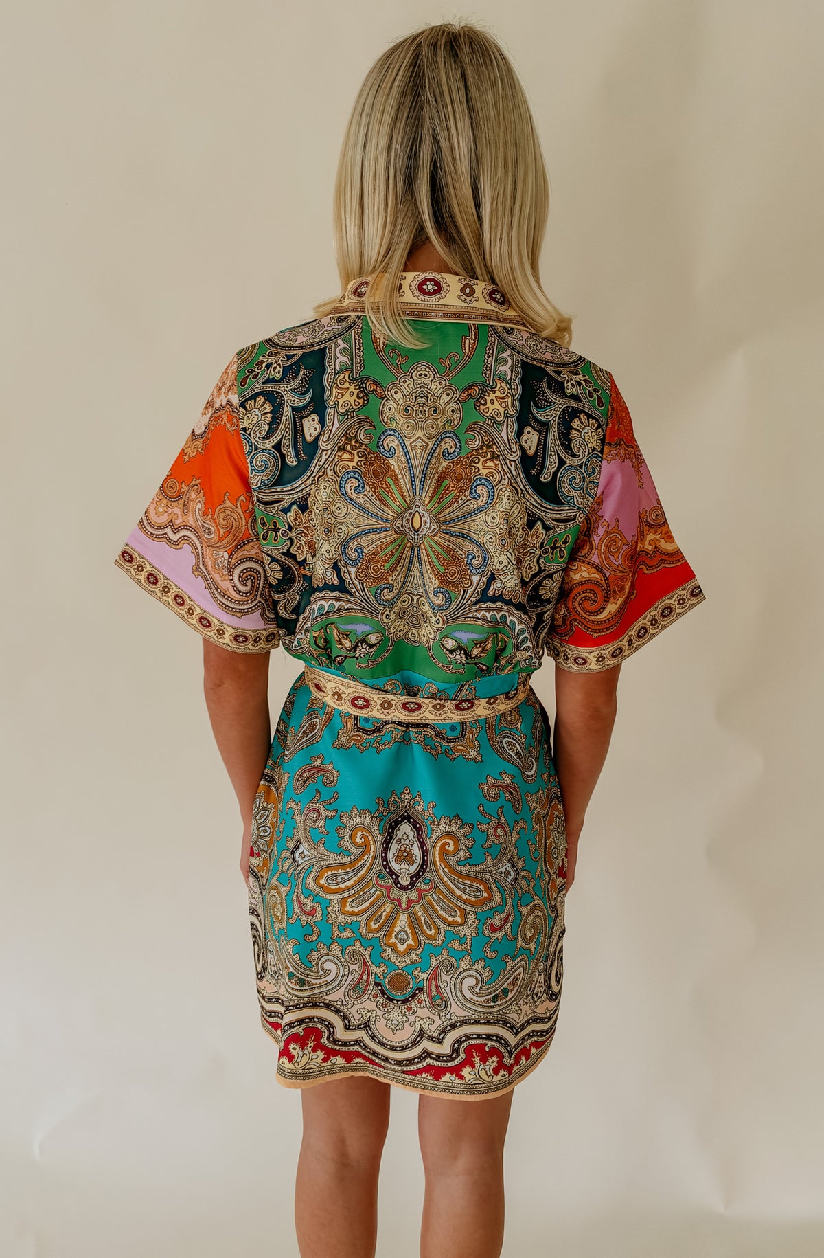 PAISLEY PRINTED BELTED MINI DRESS