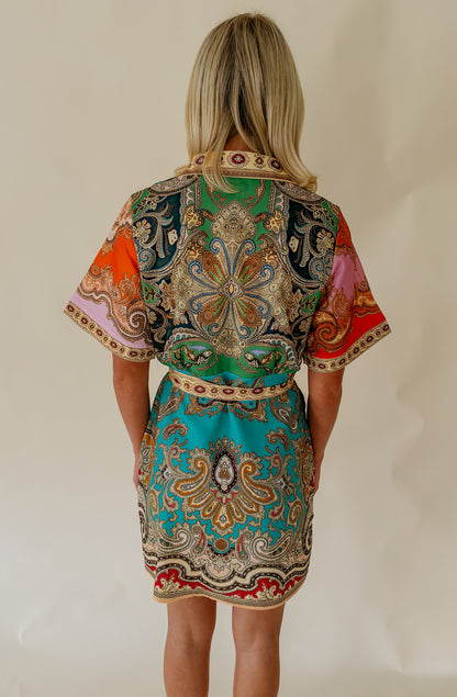 PAISLEY PRINTED BELTED MINI DRESS
