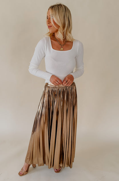 SHINE BRIGHT PLEATED MIDI SKIRT