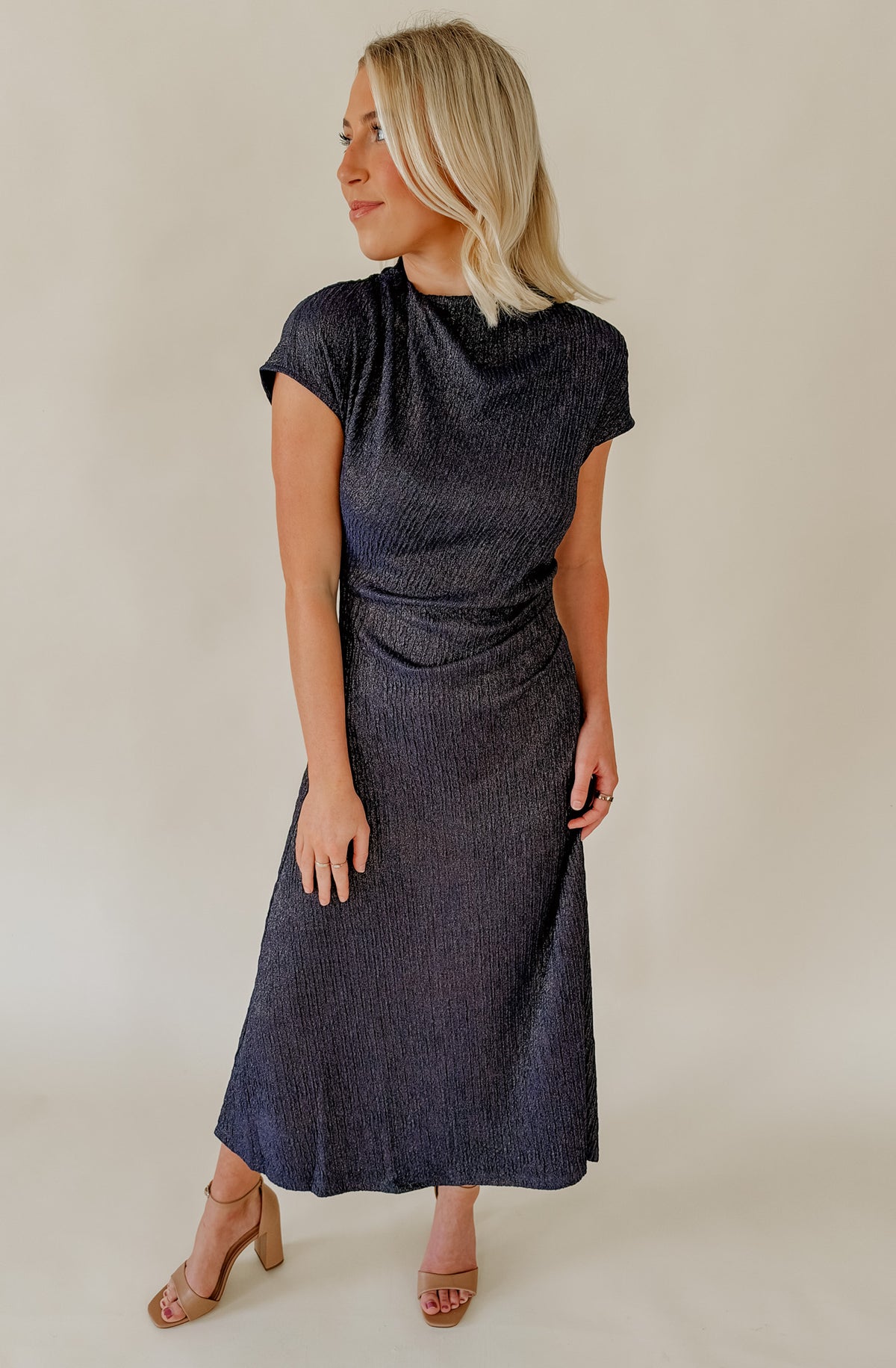 MIDNIGHT HOUR RUCHED MIDI DRESS