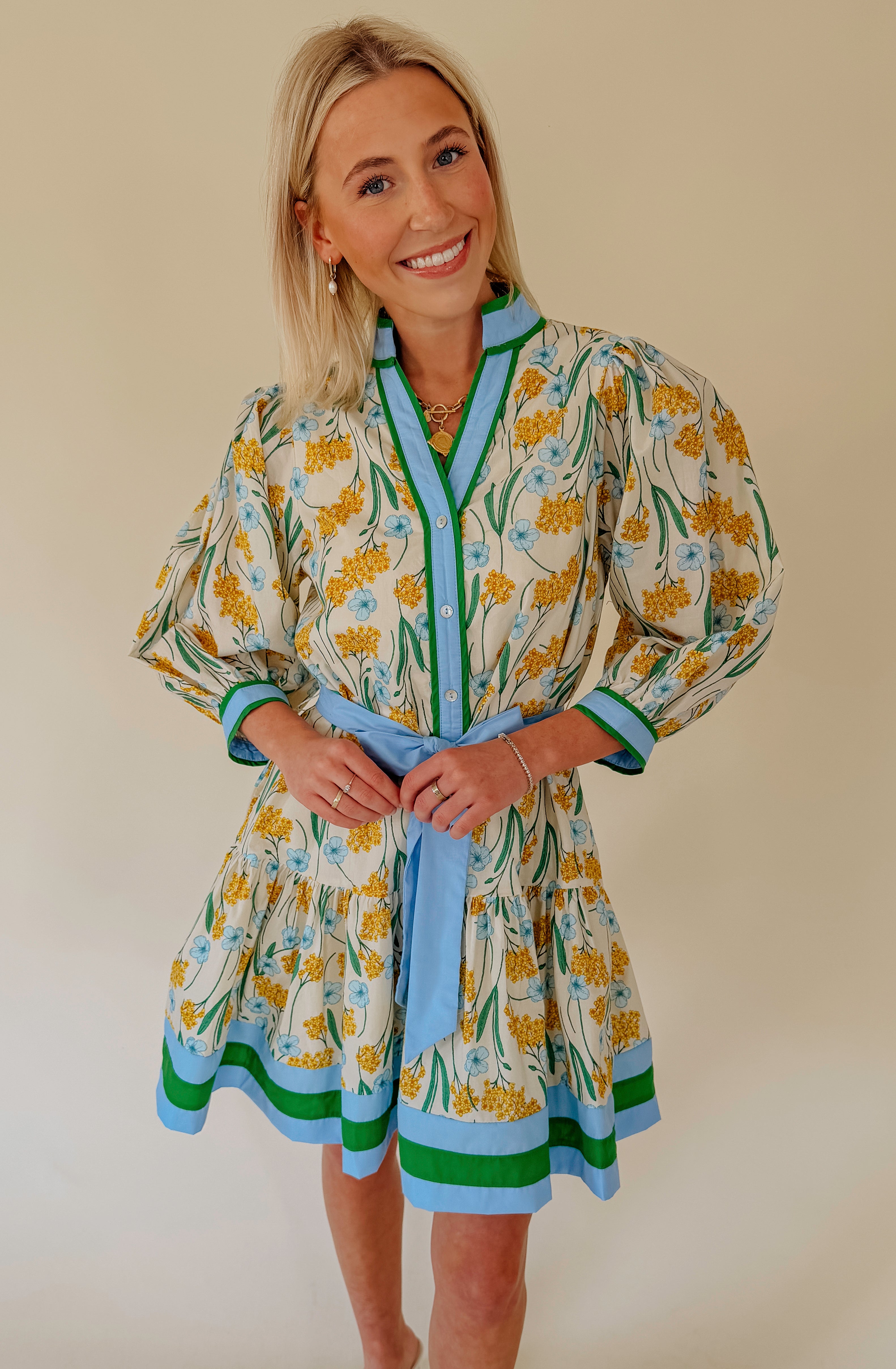 A LITTLE MORE DANDELION BELTED MINI DRESS