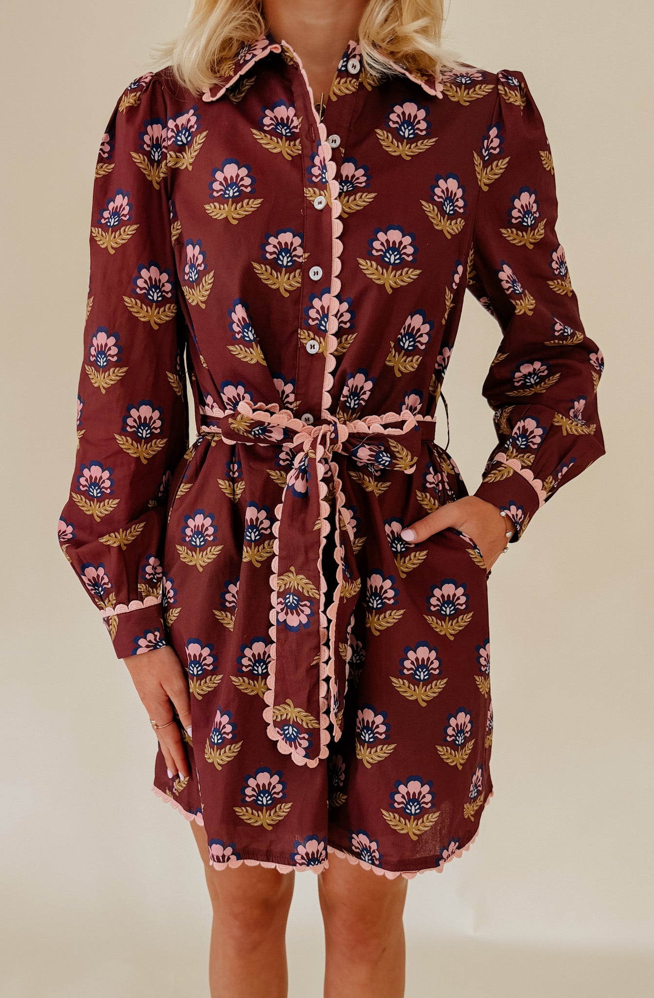 FALL LEAVES BELTED MINI DRESS