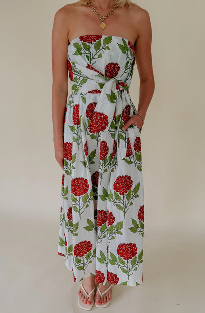 ROSE ALL DAY STRAPLESS MIDI DRESS