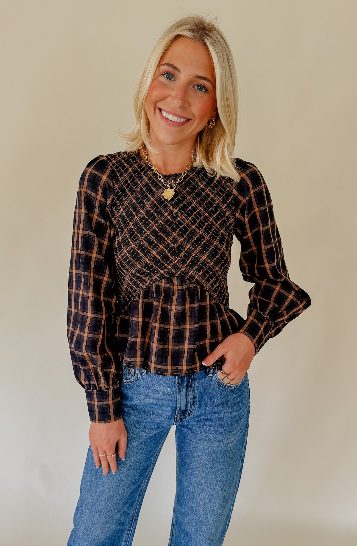 CIEBON LARKIN PLAID SMOCKED BLOUSE