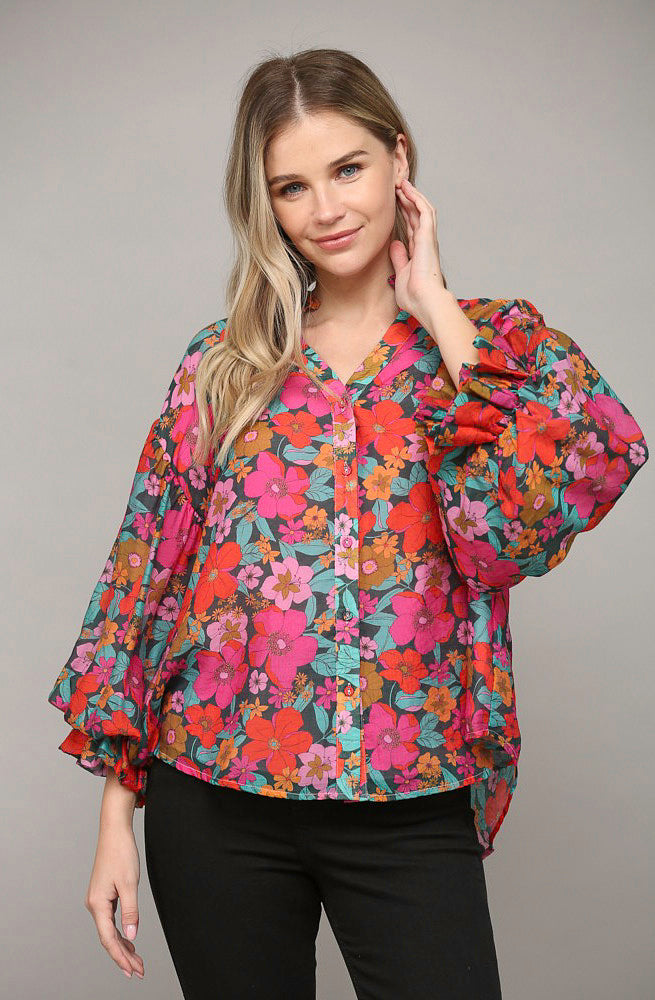 MIXED FLORALS BUTTONED BLOUSE