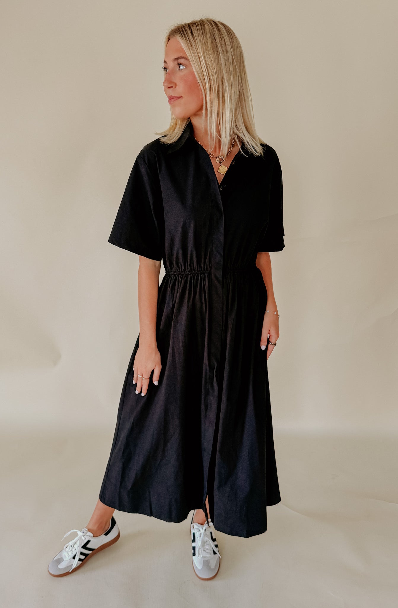 LITTLE BLACK POPLIN BLEND MIDI DRESS