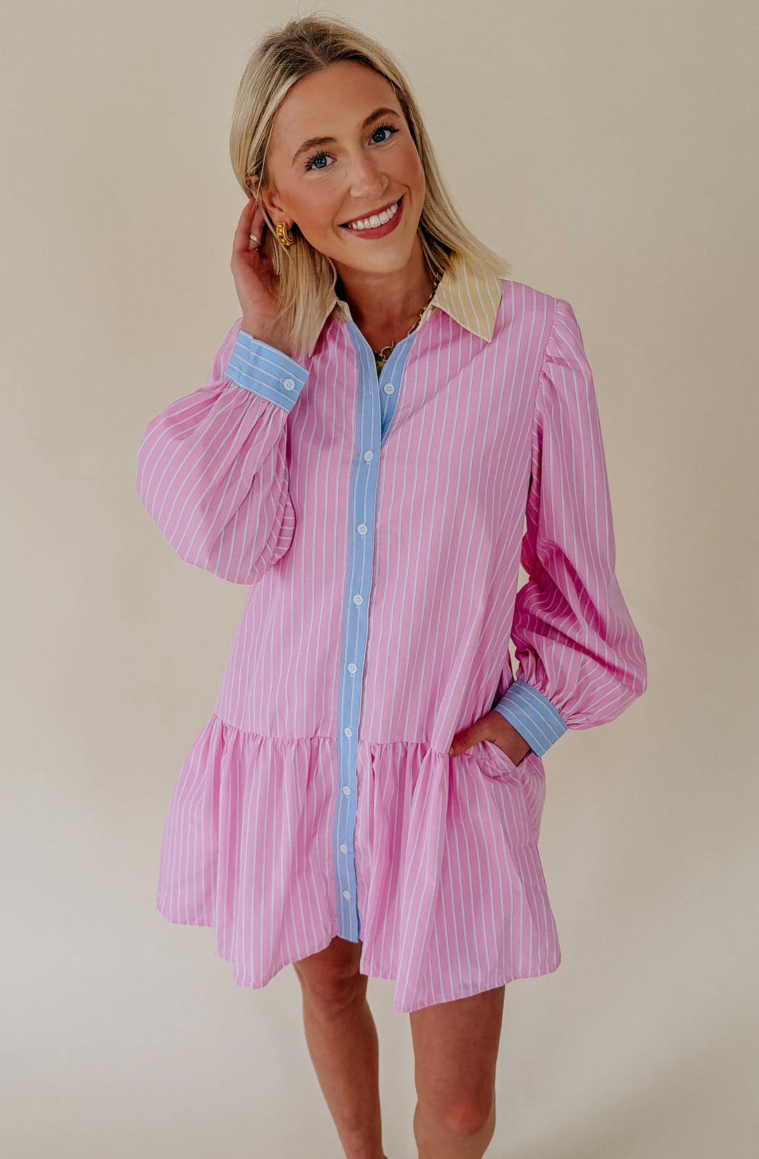 MIXED COMBO BUTTONED MINI DRESS