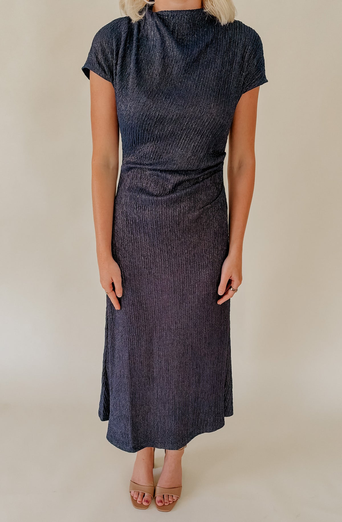 MIDNIGHT HOUR RUCHED MIDI DRESS