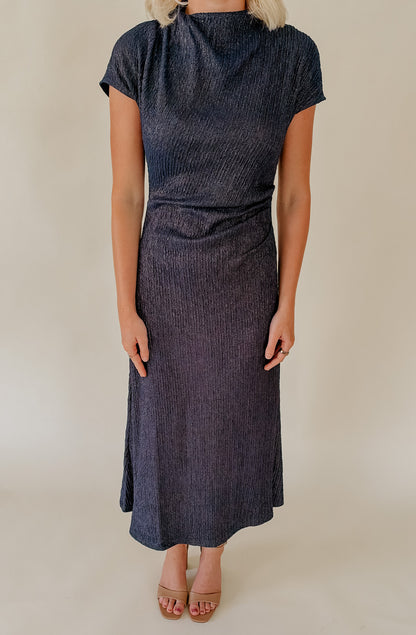 MIDNIGHT HOUR RUCHED MIDI DRESS