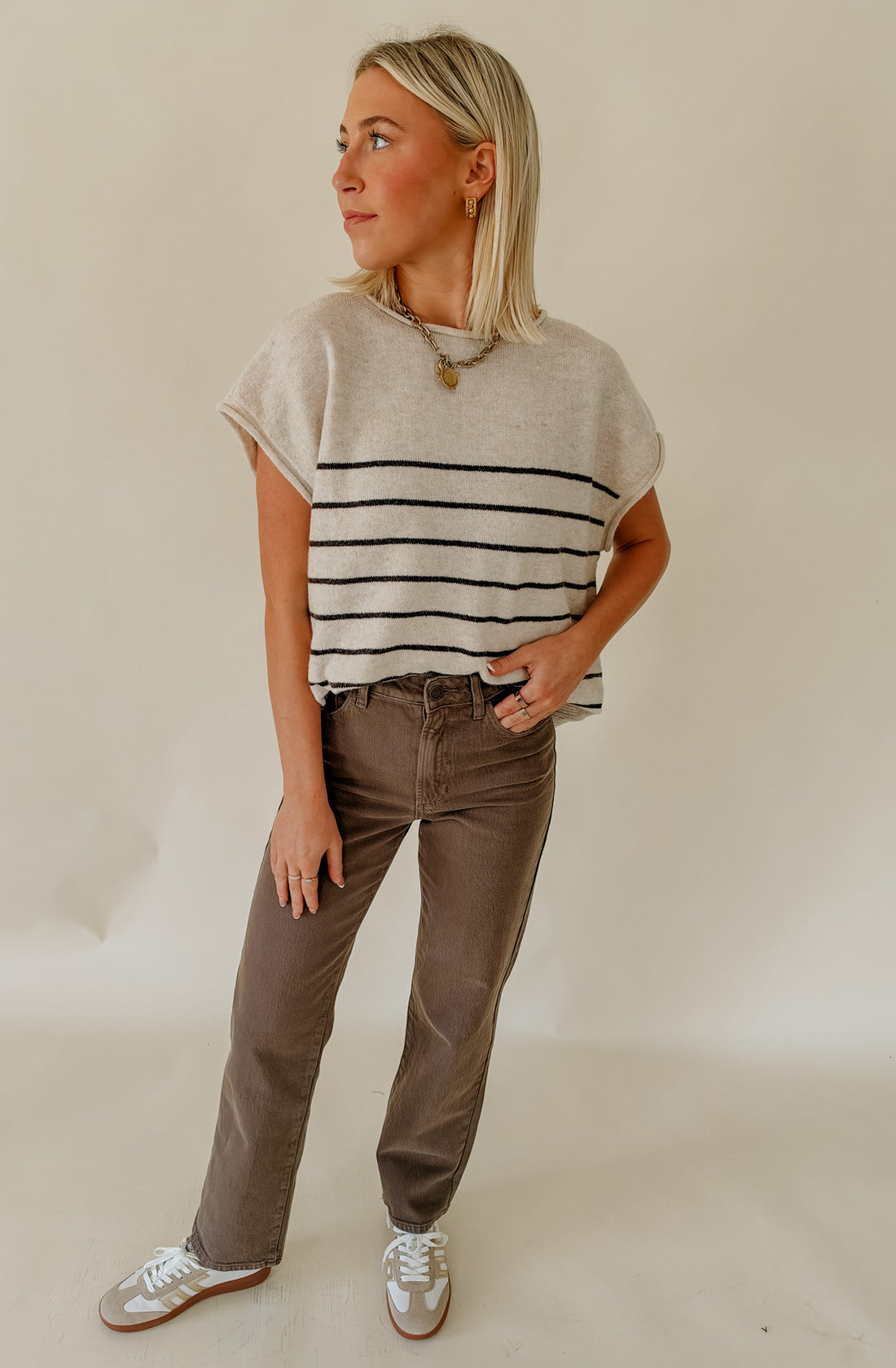 EASY DOES IT STRIPED CAP SLEEVED SWEATER