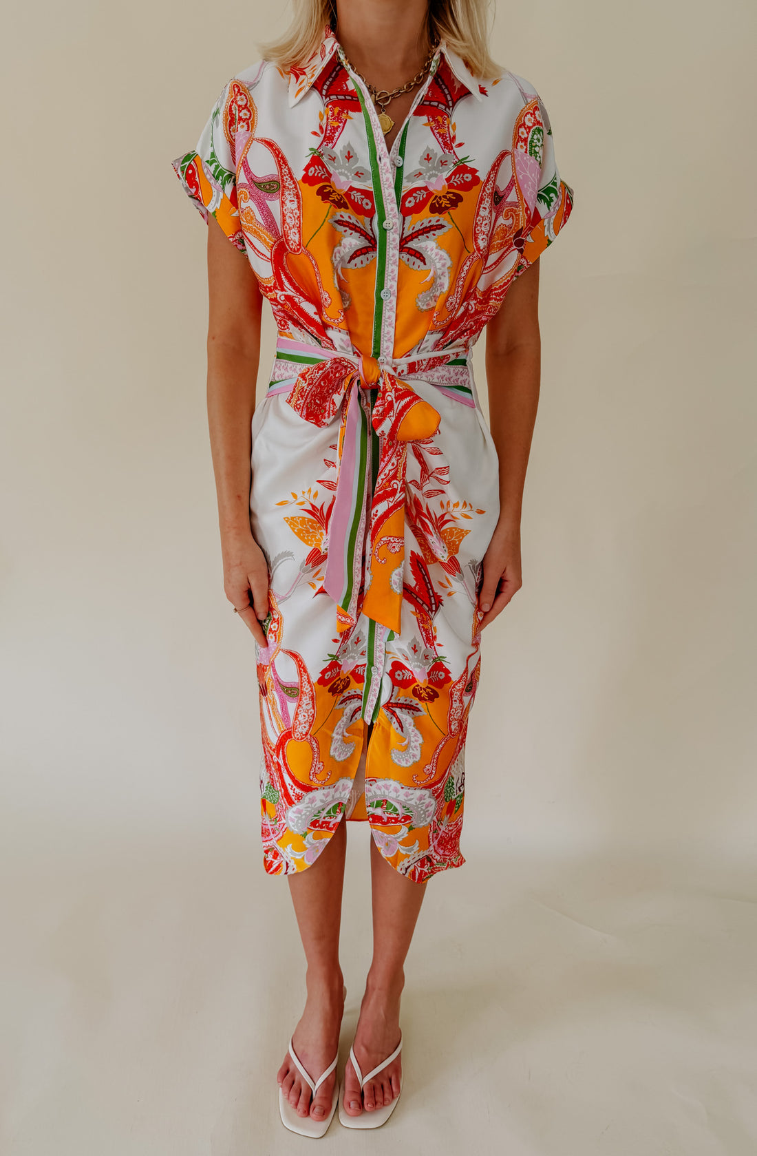TIE ONE ON BUTTONED MIDI DRESS
