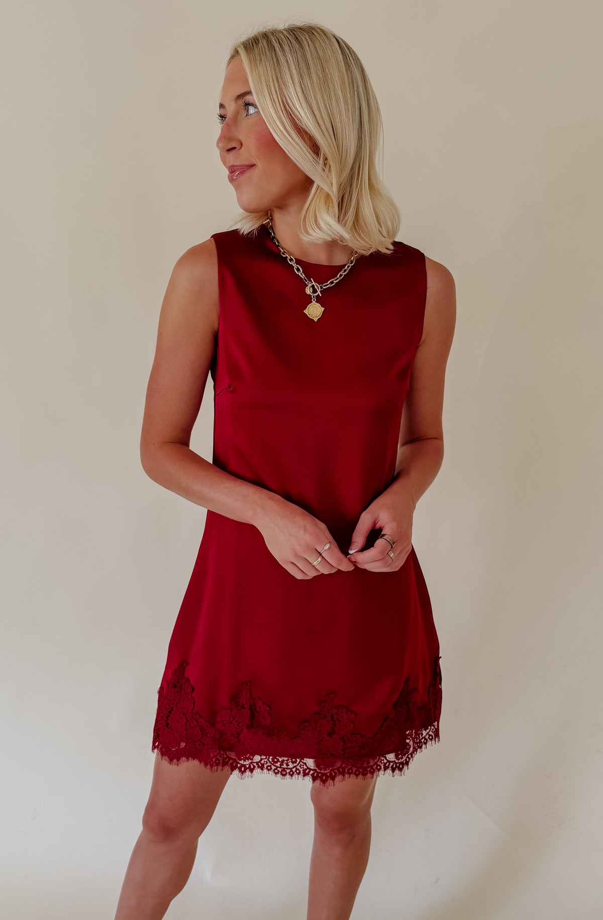 WINE LATER LACE TRIM DRESS