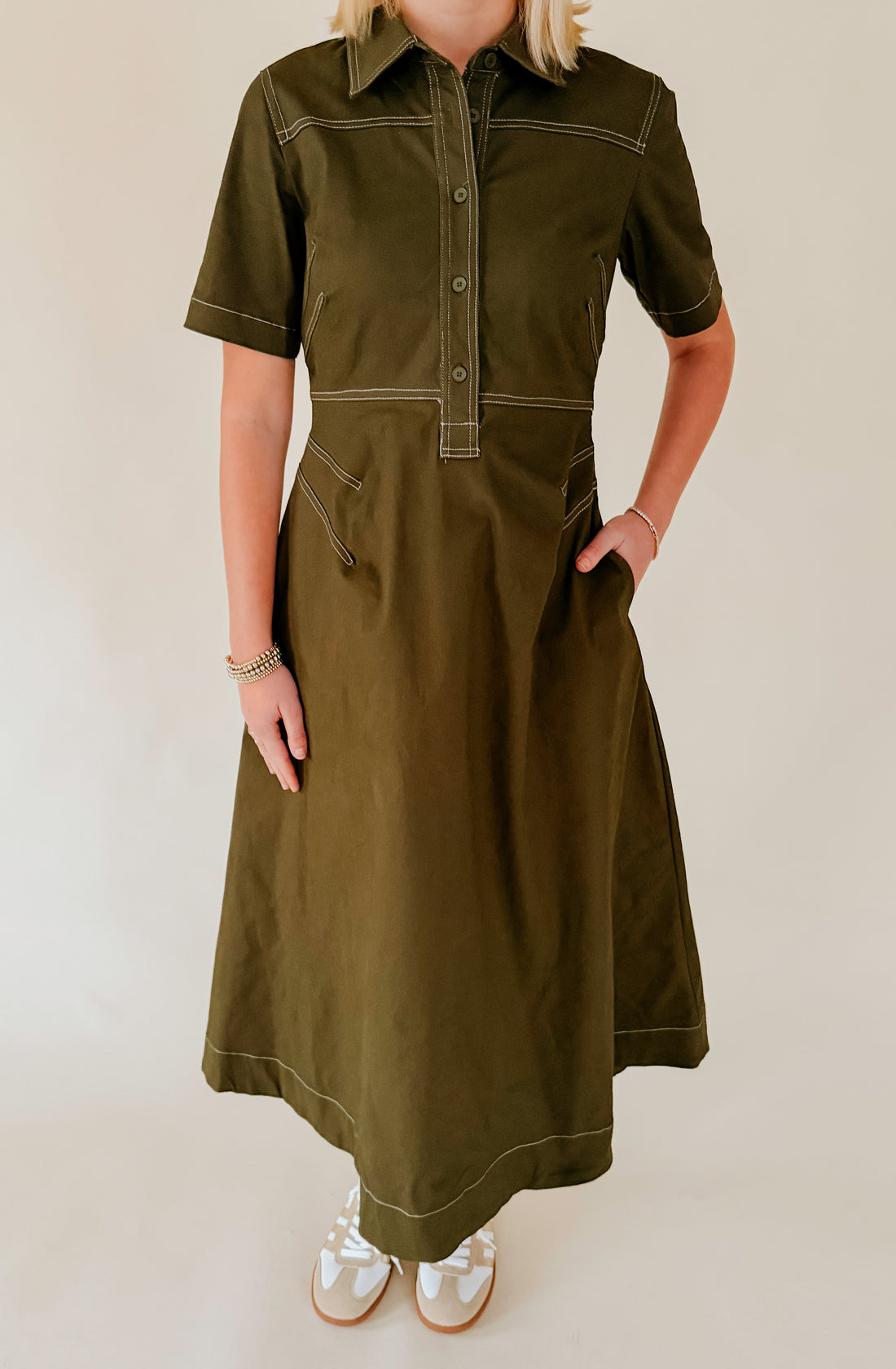 GREEN WITH ENVY STRUCTURED MIDI DRESS