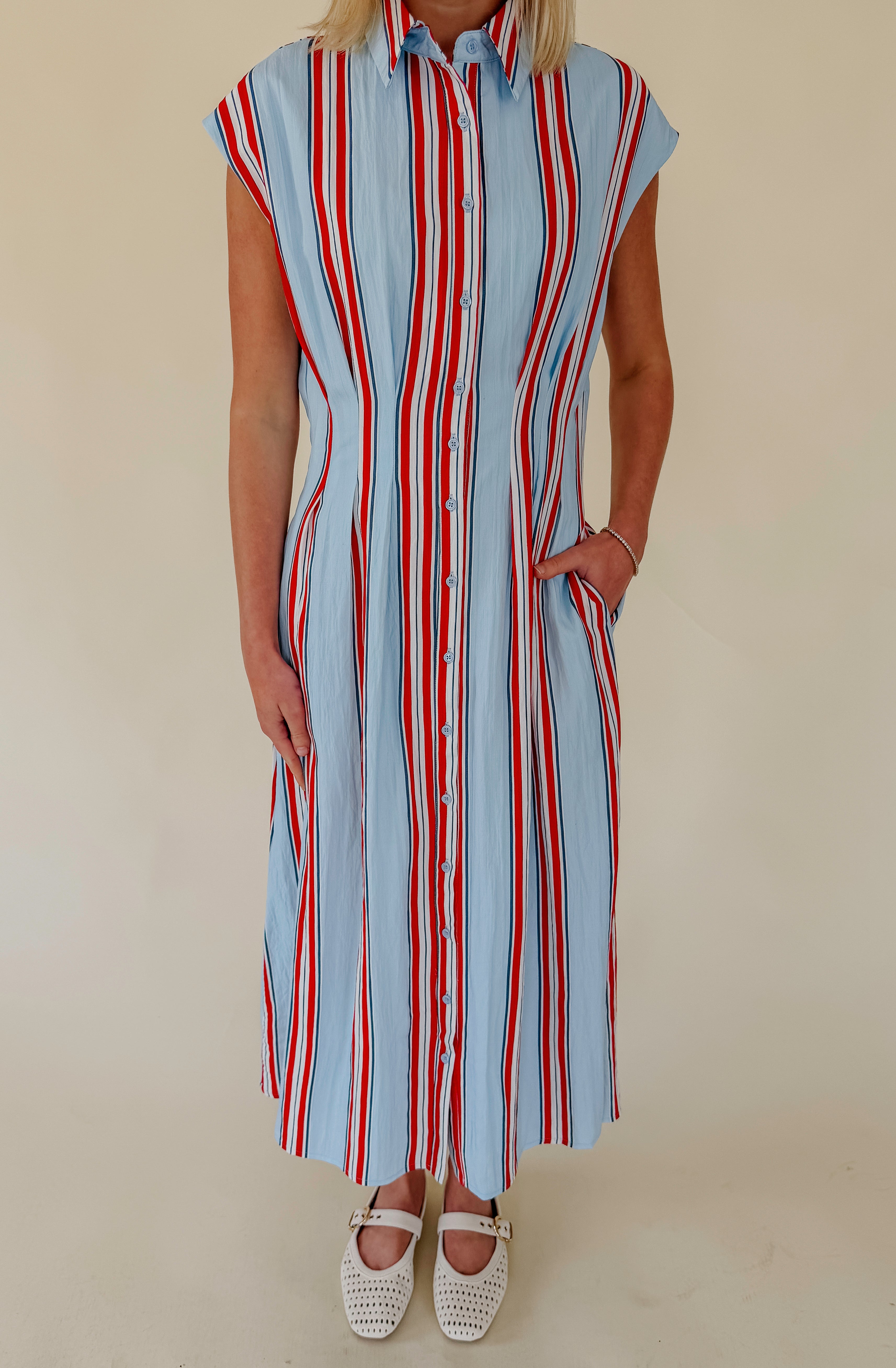 MISS AMERICANA STRIPED MIDI DRESS