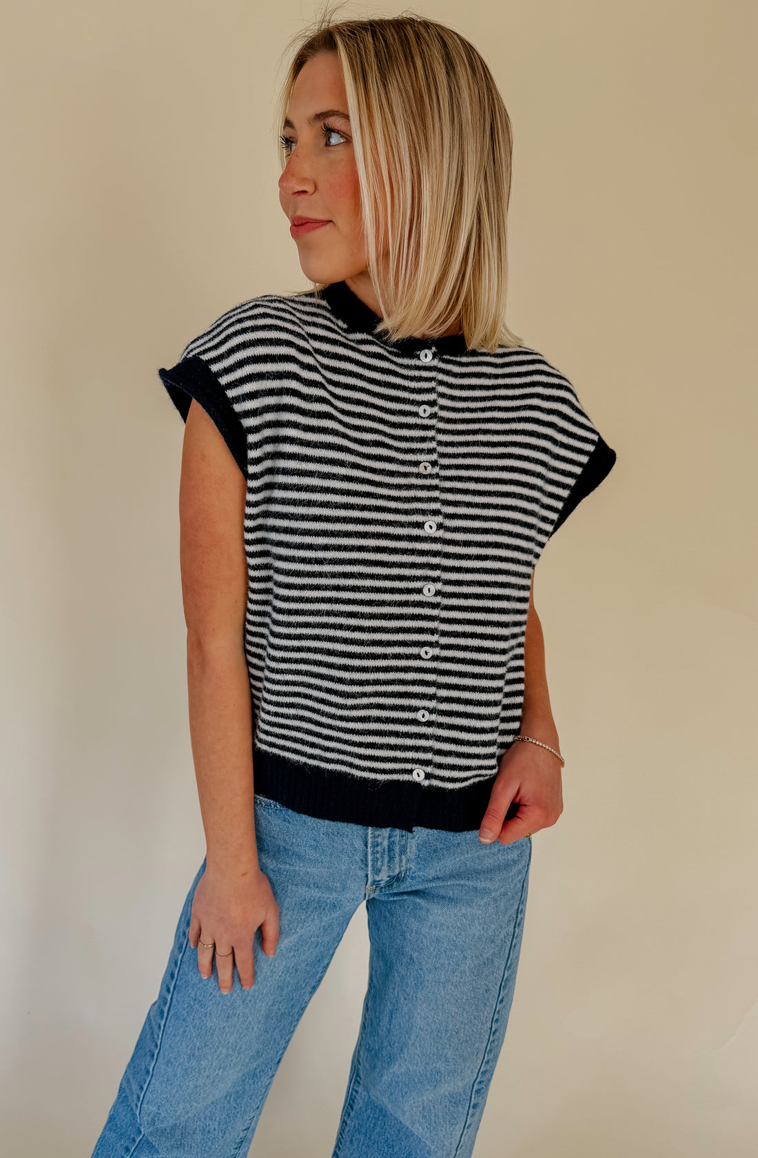 NO THOUGHTS NEEDED NAVY STRIPED SWEATER TOP