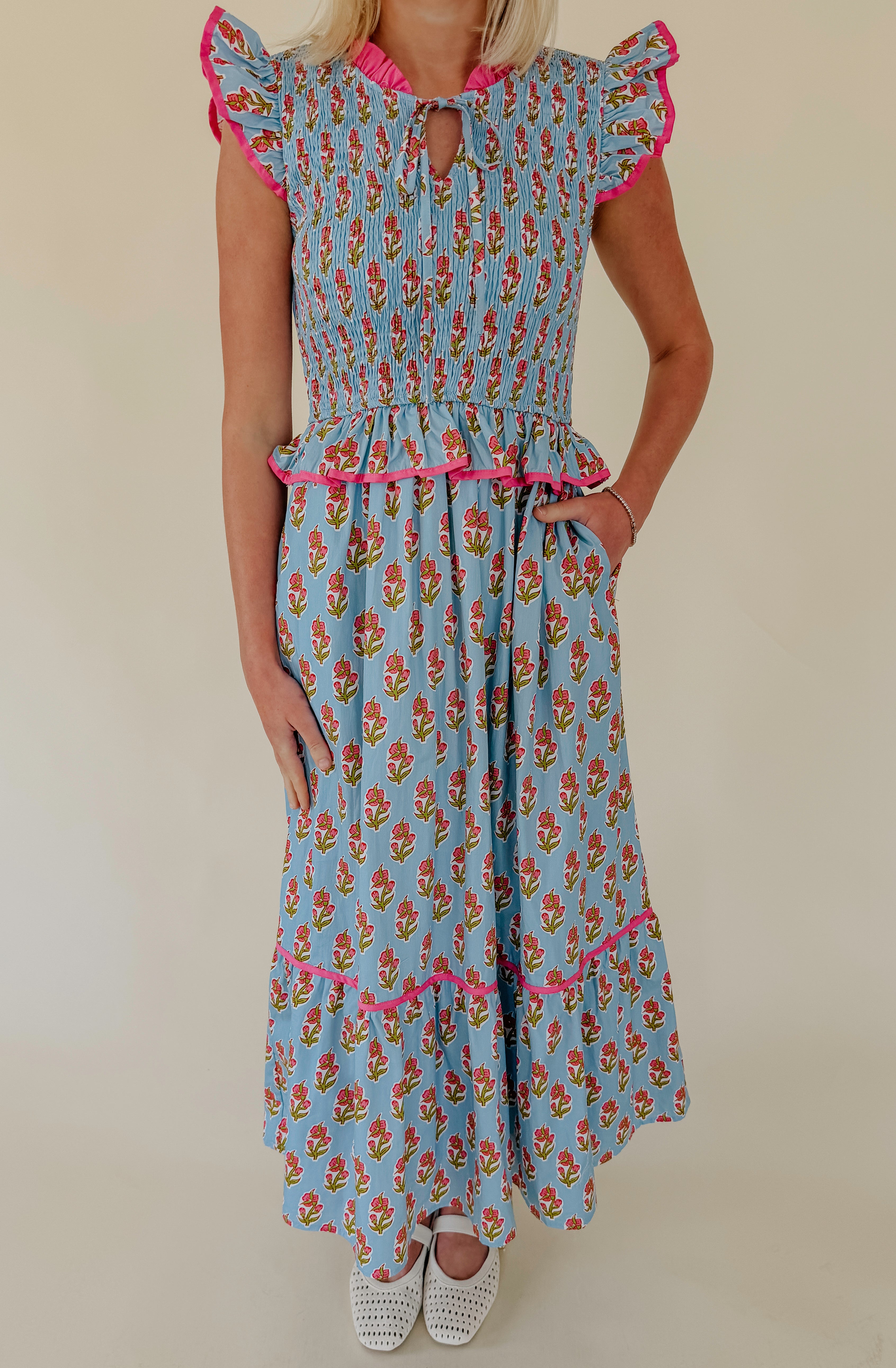 PETAL FORWARD SMOCKED MIDI DRESS