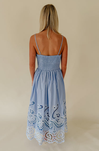 CAUGHT IN THE BREEZE EYELET MIDI DRESS