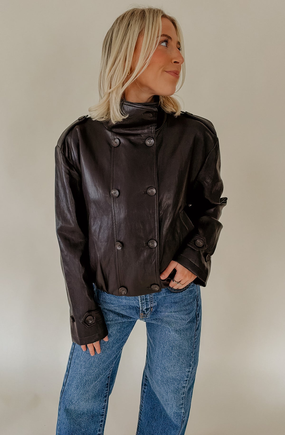 LUCY PARIS CORNIA FUNNEL FAUX LEATHER JACKET
