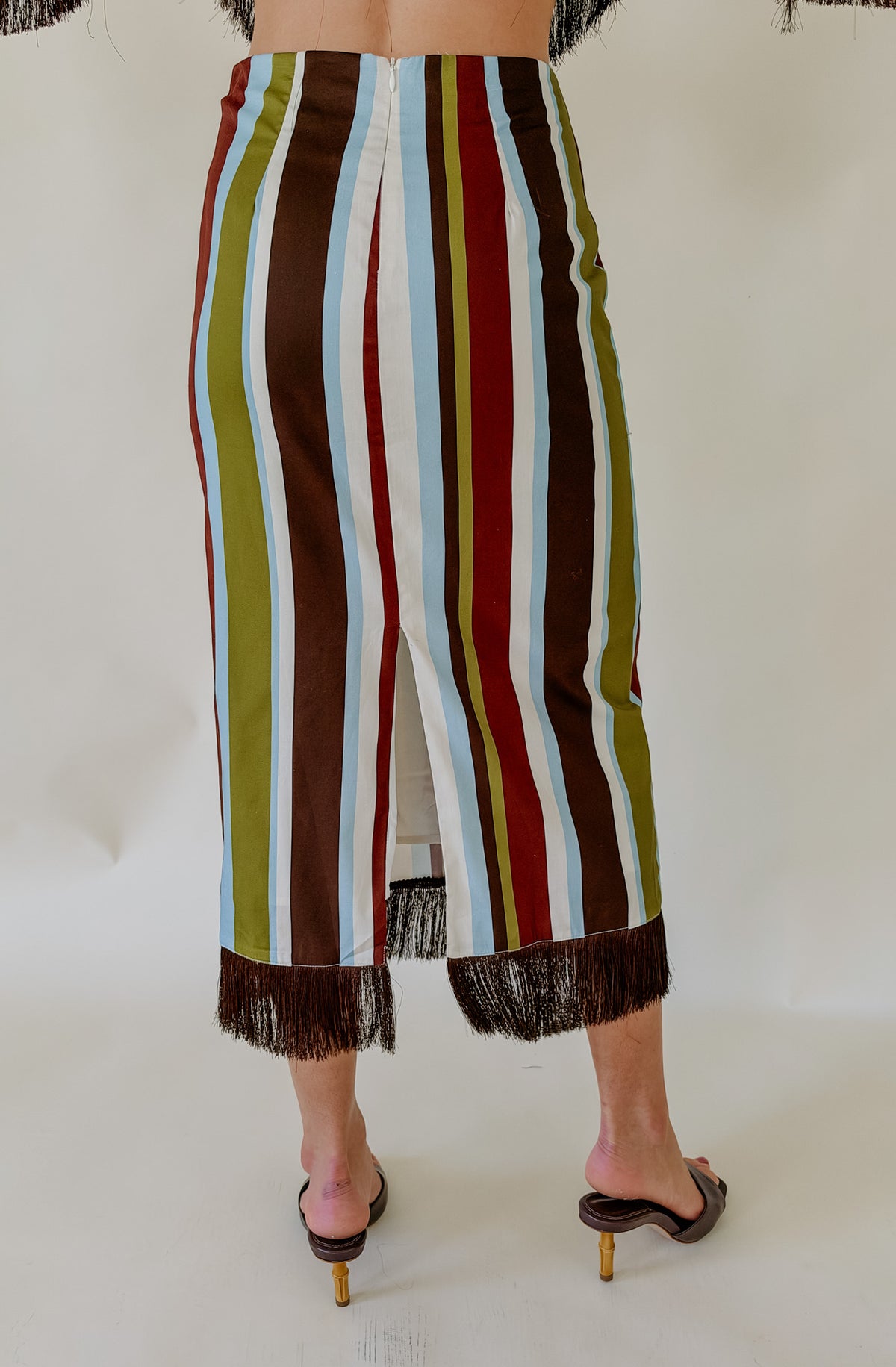 DOWN THE LINE STRIPED FRINGE MIDI SKIRT