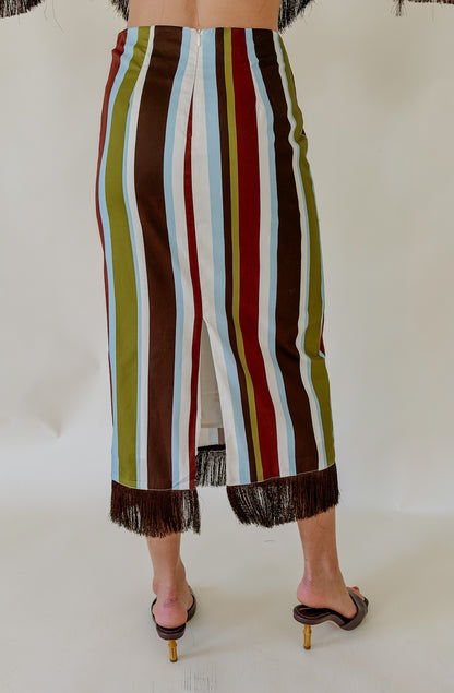 DOWN THE LINE STRIPED FRINGE MIDI SKIRT
