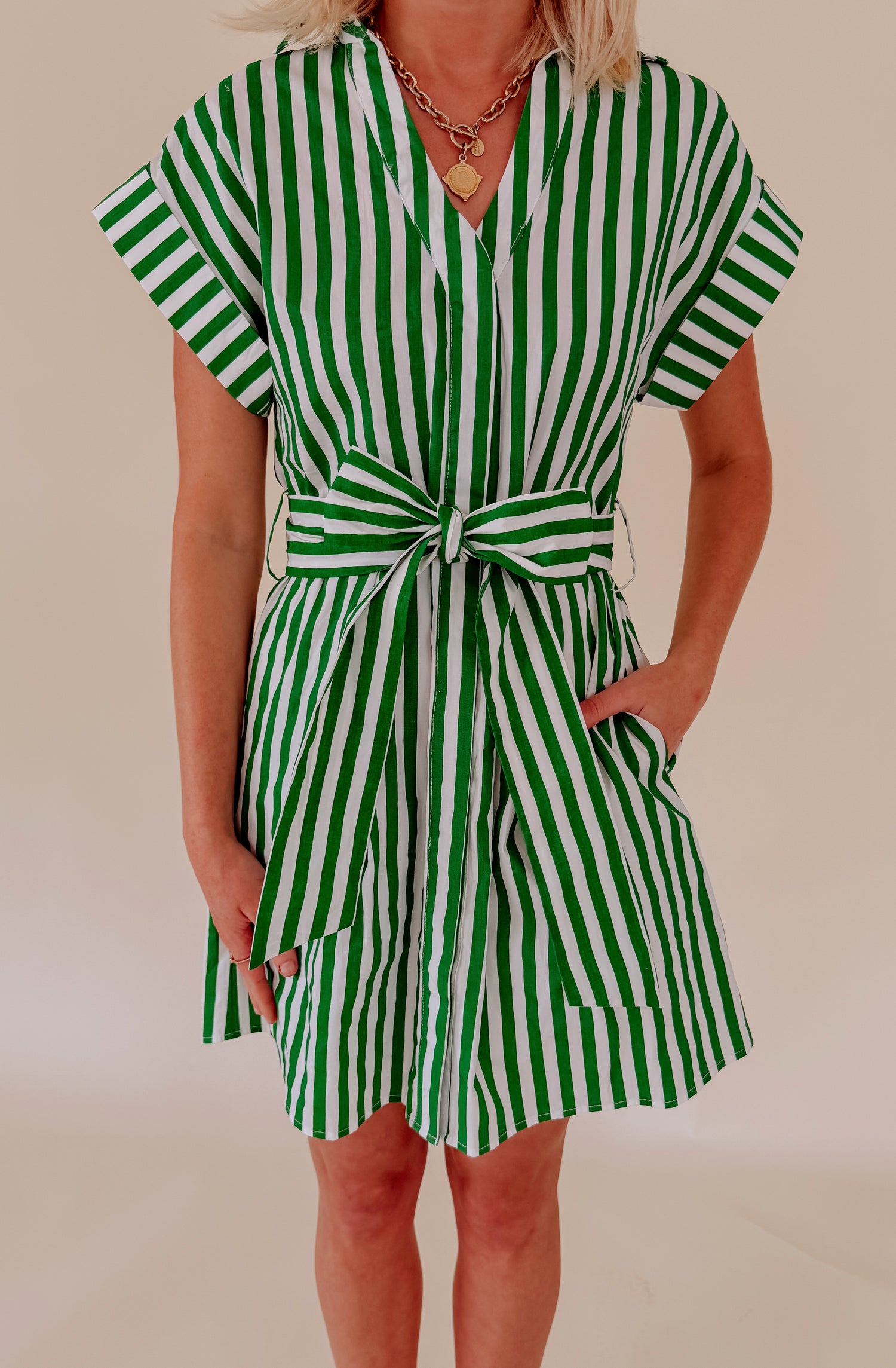OLD MONEY STRIPED TIE WAIST MINI DRESS