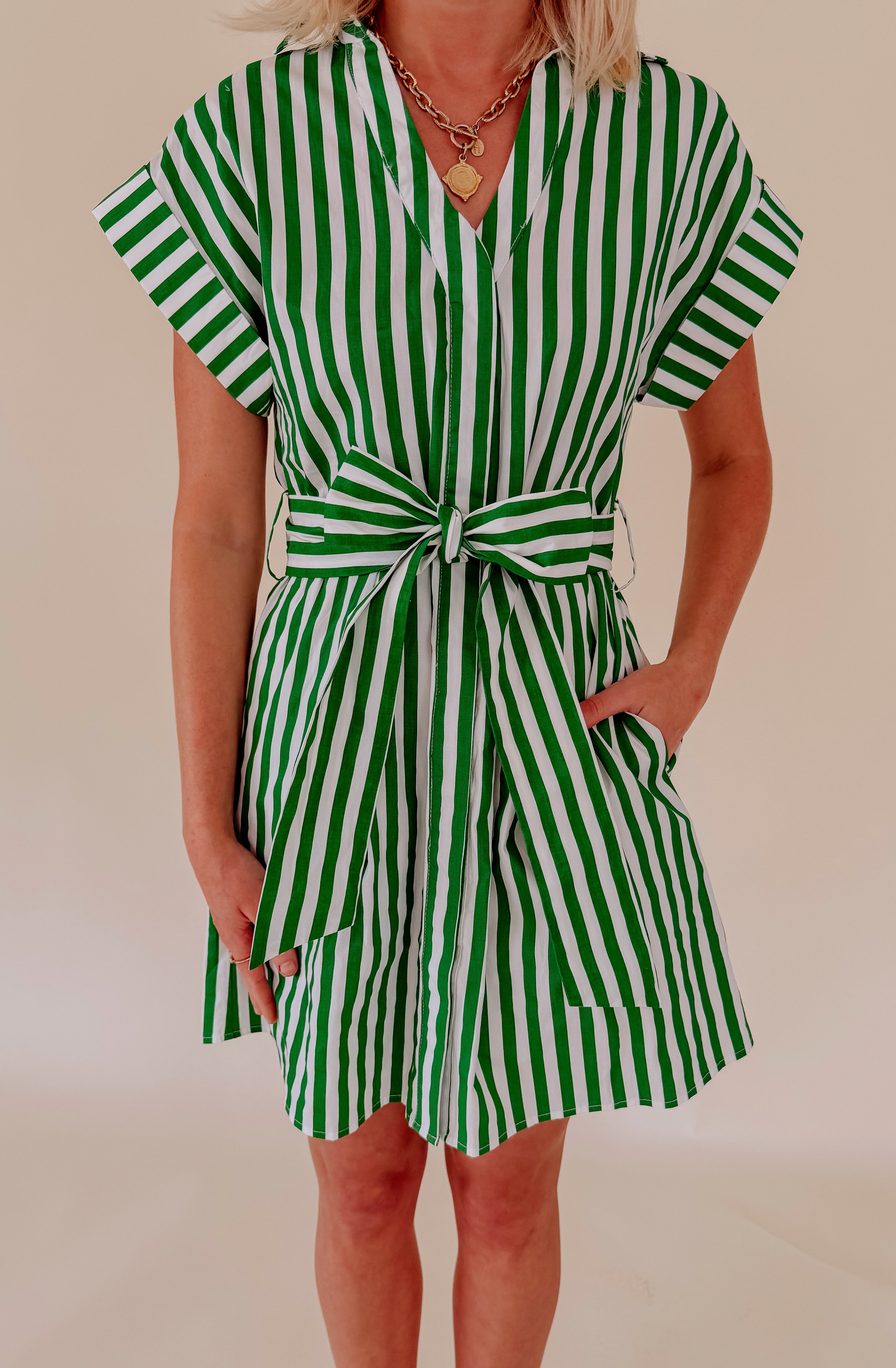 OLD MONEY STRIPED TIE WAIST MINI DRESS