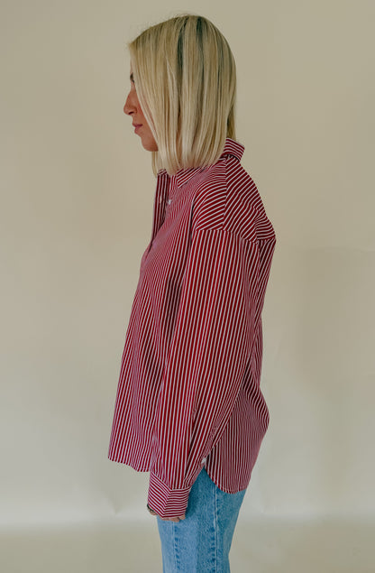 RED YOU RIGHT STRIPED POPLIN BLEND BUTTON UP