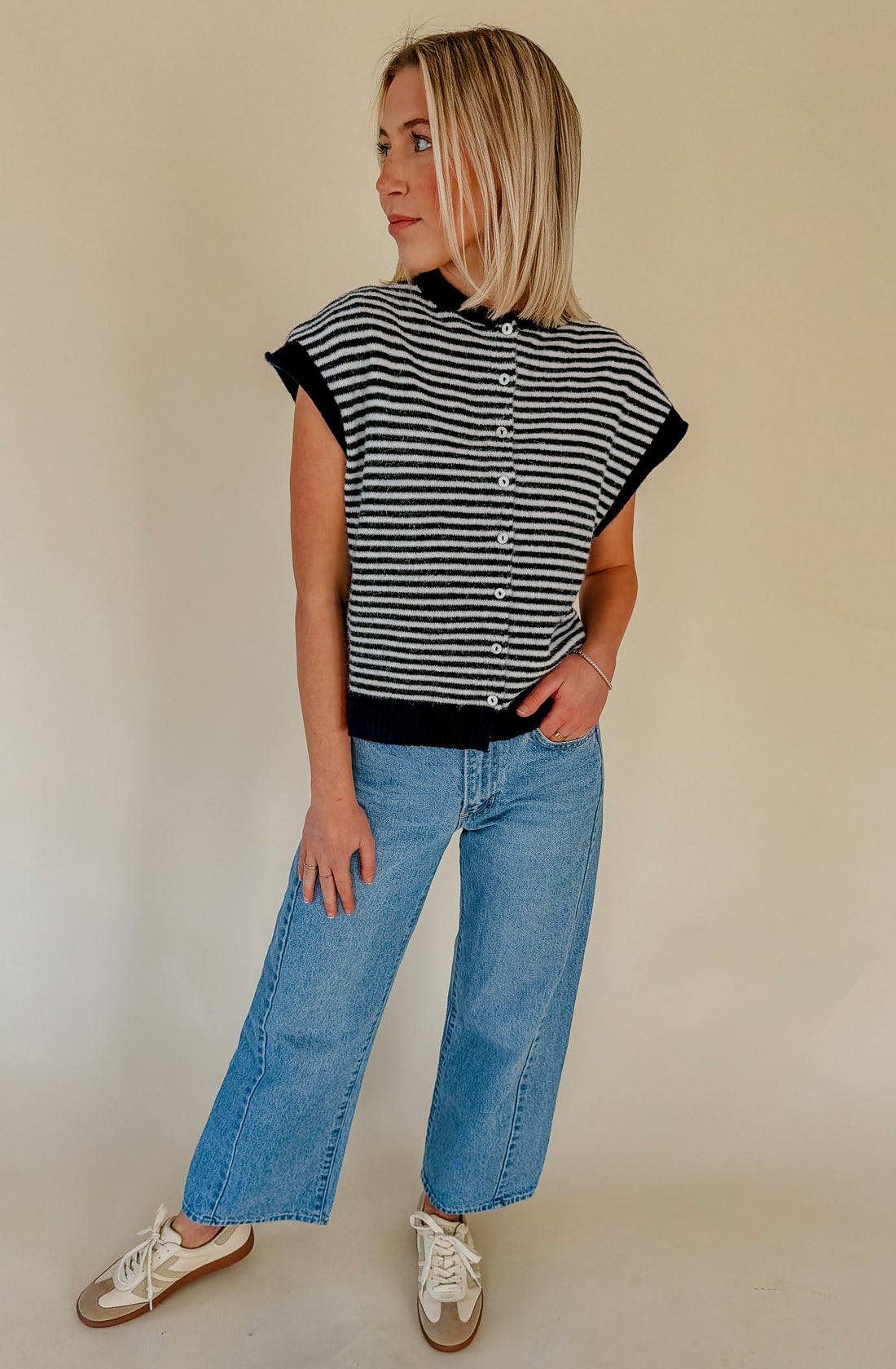 NO THOUGHTS NEEDED NAVY STRIPED SWEATER TOP