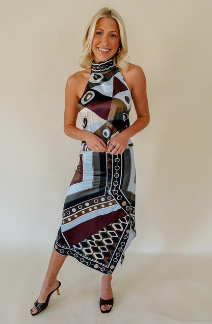 ABSTRACT GEOMETRIC HALTER SKIRT SET