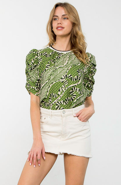 JUNGLE RUMBLE RUCHED SLEEVE BLOUSE