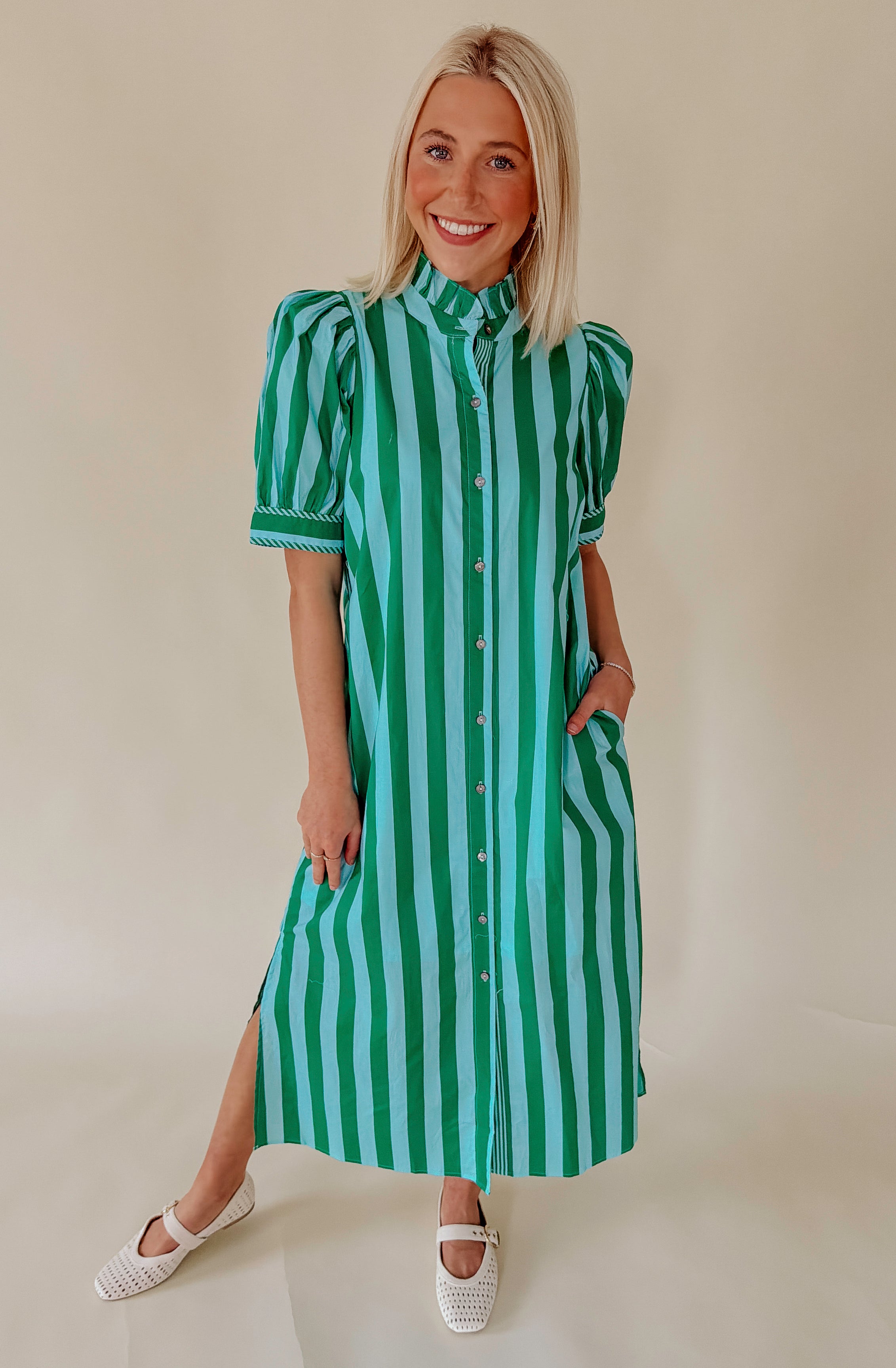 STRIPED TO PERFECTION POPLIN BLEND MIDI DRESS